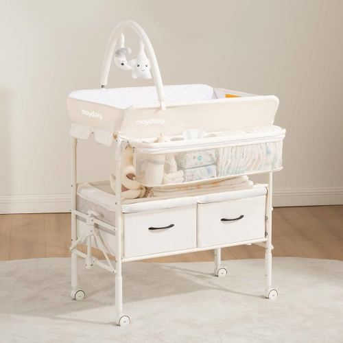 Baby Changing Table with Wheels, Maydolly Portable Foldable Changing Table, Waterproof Diaper Changing Station, Adjustable Height Changing Station, Mobile Nursery for Newborn and Infant (Beige)