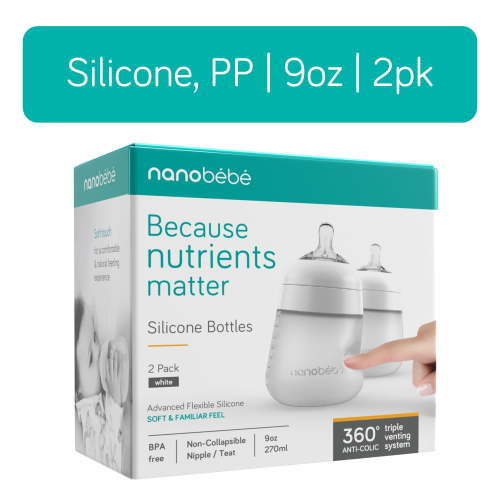 Nanobebe Anti-Colic Flexy Silicone Baby Bottles | White, 9 oz, 2 Pack