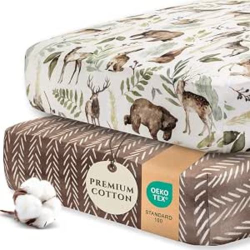 2 Pack Fitted Crib Sheets for Boys - Premium Cotton Blend Baby Woodland Crib Sheet Set, Soft Breathable Toddler Bed Sheets for Standard Mattress, Woodland Nursery Bedding 52x28 (Wildlife)