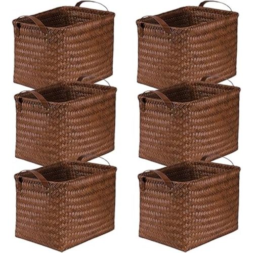 BROWNLILY Handwoven Clothes Basket Laundry Hampers Large Wicker Storage Baskets for Shelves Blankets Closet Storage Bins Car Bedroom Bathroom Organizers and Storage Bath (6, Brown)