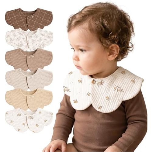 MairMore Muslin Baby Bibs, 6 Pack 100% Cotton Absorbent 360 ° Rotate Flower-Shaped Bandana Drool Bibs for Baby Girls & Boys (Olive)