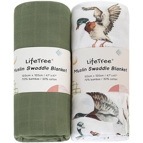 LifeTree Muslin Swaddle Blankets, Baby Swaddling Wrap Nursery Receiving Blanket for Boys & Girls, 70% Viscose from Bamboo and 30% Cotton, Large 47 x 47 inches Mallard Duck/Olive Green