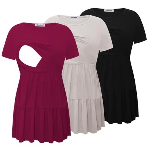 Bearsland Women’s Nursing Top 3pack Short Sleeve Scoop Neck Nursing Shirt Breastfeeding Shirts