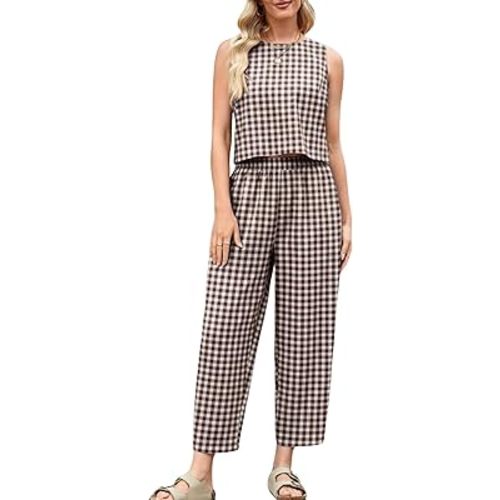 Womens Cotton Checker Set 2 Piece Beach Vacation Outfit Summer Tank Top Pants Suit