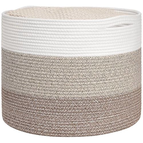 Goodpick Large Woven Basket, Blanket Basket Living Room 15.8"x15.8"x13.8", Woven Storage Bin for Baby Laundry, Light & Brown