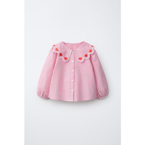 HEART AND STRIPE PETER PAN COLLAR SHIRT - Red | ZARA United States