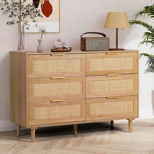 FUQARHY 6 Drawer Dresser Rattan Dresser Modern Chest with Drawers,Wood Storage Closet Dressers Chest of Drawers for Bedroom,Living Room,Hallway (Natural)