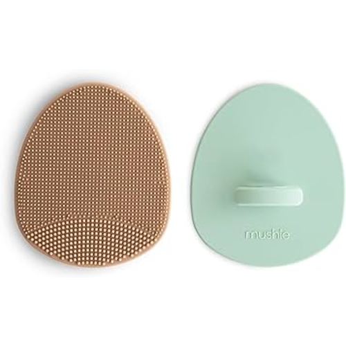 mushie Baby Bath Cradle Cap Brush | Soft Silicone Bristles for Dry Skin, Eczema, & Cradle Cap Treatment | 2-Pack (Natural/Cambridge Blue)