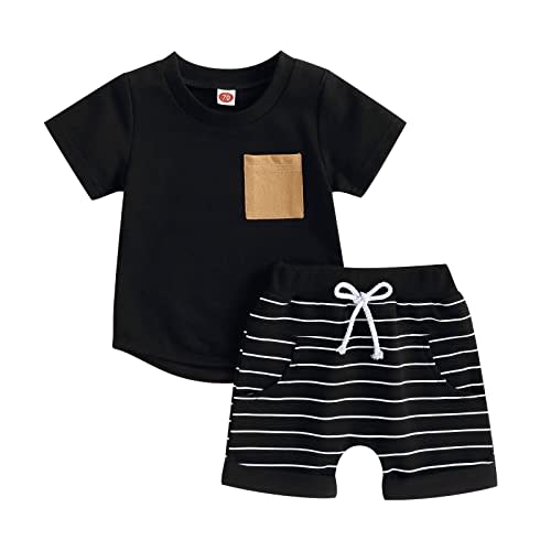 fhutpw Baby Toddler Boy Clothes Summer Outfits 6 12 18 24 Months Patchwork Short Sleeve T Shirt & Shorts Sets with Pockets