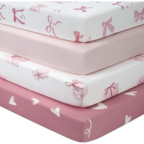 Baby Crib Sheets Girl, Toddler Bed Sheets Fitted for 52”x28” Standard Crib and Toddler Mattresses, 4 Pack Soft Breathable Stretchy Lovely Gift Bows