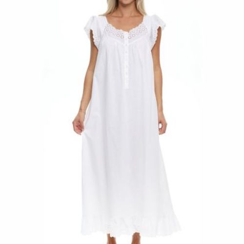 ADR Long White Cotton Nightgowns for Women, Summer Nightgowns for Women Soft Cotton White Version 2 - Katelyn Medium