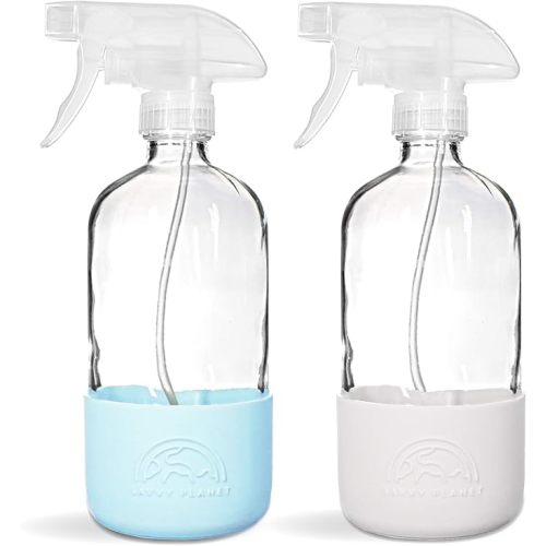SAVVY PLANET - Glass Spray Bottles for Cleaning, Silicone Sleeve Bottom for Protection, Reusable Glass Spray Bottles 16 Oz With Adjustable Nozzle Settings (2 Pack)