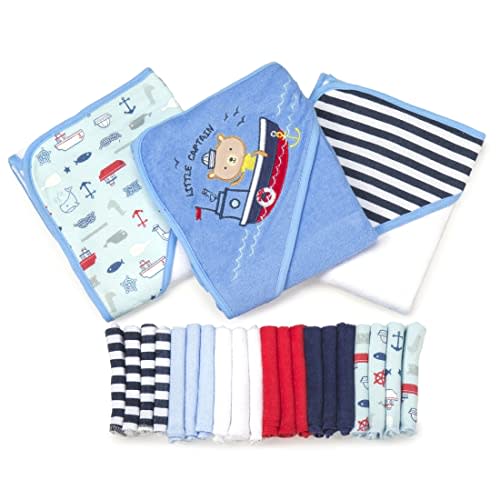 Spasilk 23-Piece Soft Terry Hooded Bath Towel and Washcloth Set, 3 Baby Towels and 20 Baby Washcloths for Newborn Boys and Girls, Navy Nautical