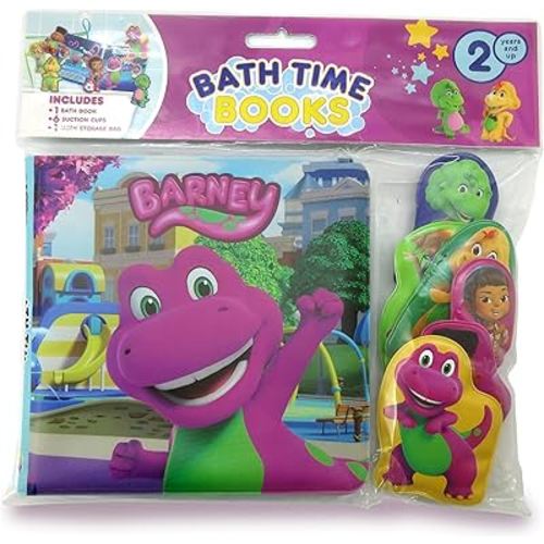 Mattel Barney Bath Time Books - Activity Books for kids, Bath book, 6 Padded suction cups, 1 Mesh bag