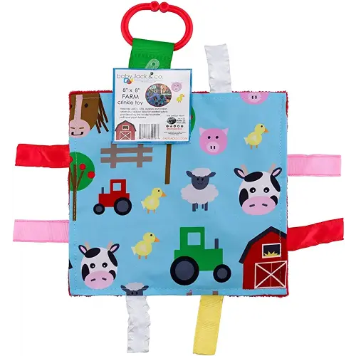 Baby Sensory Crinkle & Teething Square Lovey with Closed Ribbon Tags Enhances Cognitive Social & Emotional Development 8 X 8 Inch (Farm Friends)