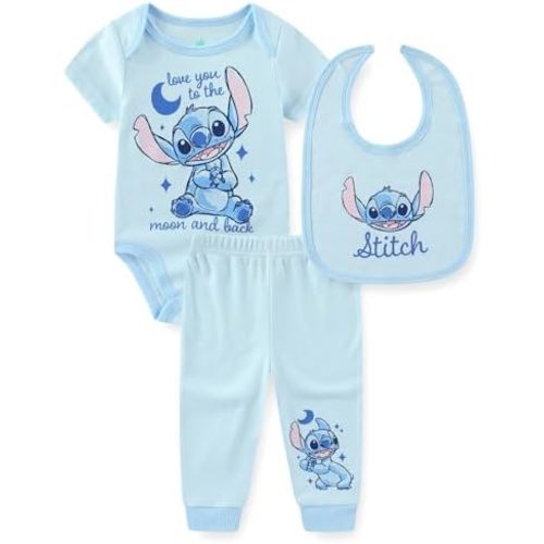 Disney Lilo & Stitch Baby Boys Bodysuit with Bib and Pants 3 Piece Set for Newborn Infants
