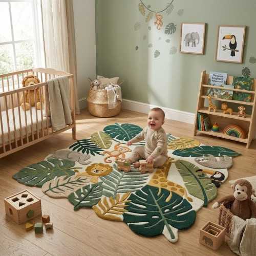 6 x 8 ft | Jungle Safari Nursery Rug, Hand Tufted Forest Animal Carpet, Green Monstera Leaf Kids Play Mat, Lion Giraffe Decor,