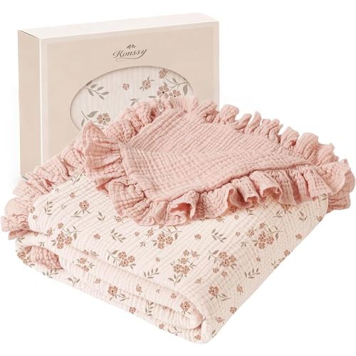 Konssy 100% Cotton Muslin Baby Blanket with Ruffle Trim for Girls, 43"x39"