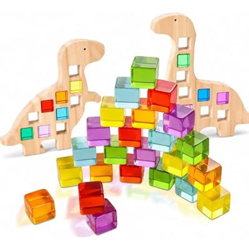 Soulchen Kids Wooden Building Block Set, 20 Rainbow Gem Cube Stacking Blocks - 2 Dinosaur Skeletons, Montessori Toddler Stacking Toy, Learning Educational Toy Sensory Gift for Boys Girls
