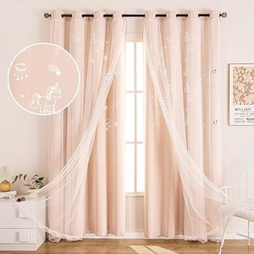 UNISTAR 2 Panels Unicorn Curtains for Kids Girls Bedroom Aesthetic Living Room Decor Double Layer Star Cut Out Baby Pink Window Wall Home Decoration,W52 x L84 Inches