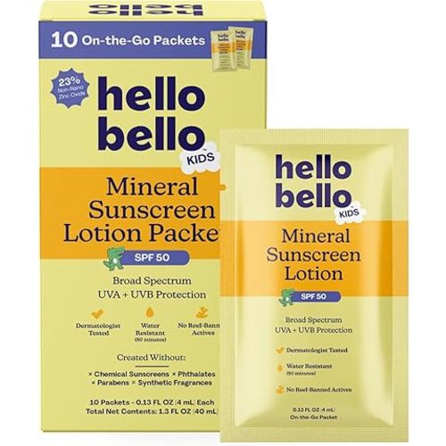 Hello Bello Kids SPF 50 Mineral Sunscreen Lotion - 10 Count Travel Packets - Water Resistant Broad Spectrum UVA + UVB Sun Protection