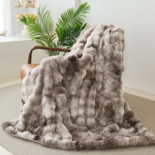 Faux Rabbit Fur Throw Blanket for Couch, Fluffy Warm Plush Thick Bubble Blanket for Bed Sofa Living Room, Soft Cozy Furry Blanket, 50x60 inches, Tie-dye Khaki
