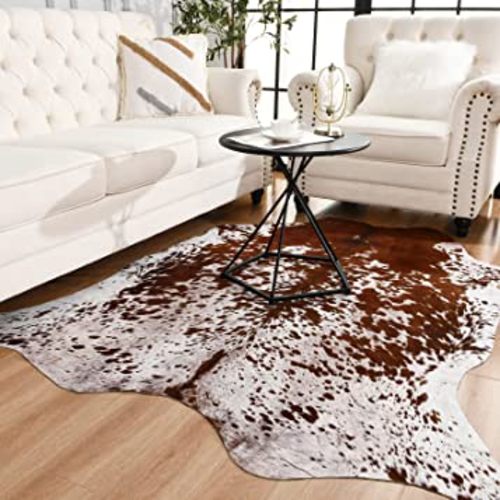 Easycozy Faux Cowhide Large Cow Print Rug - 4.7 x 5.2 Feet, Thickened Elastic for Bedroom, Living Room, Home Office, Western Decor
