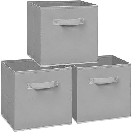 11x11 Storage Bins, Set of 3 Storage Cubes, Collapsible Cube Storage Box, Fabric Closet Organizers with Handles for Home, Office, Closet Shelf Cabinet, Bookcase, Grey