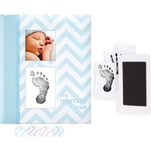Pearhead First 5 Years Chevron Baby Memory Book with Clean-Touch Baby Safe Ink Pad to Make Baby's Hand or Footprint Included, Blue