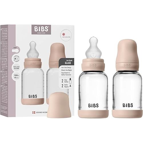 BIBS Glass Baby Bottle, 4.06 oz, 2-Pack, Silicone Nipple, Blush