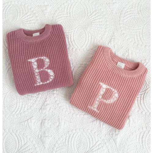 Custom Floral Letter Embroidered Monogram Oversized Name Kids Toddler Baby Sweater