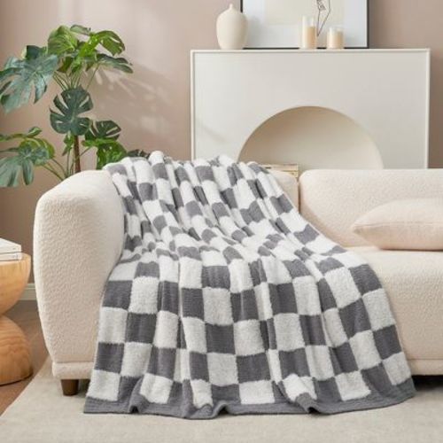Soft Faux Fur Knit Checkered Throw Blanket Fluffy Bedding Blankets Snuggle Sac, 50*60", Gray White