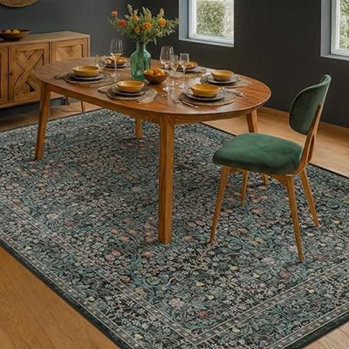 Dining Room Rugs for Under Table - 6x9 Washable Dark Green Oriental Area Rug for Living Room, Low Pile Non-Slip Floor Carpet for Bedroom - Vintage Design & Stain Resistance (6x9 Dark Green)