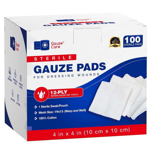 100pc Sterile Gauze Pads 4"x4" – 12ply Woven Gauze Sponges, USP Type IV, High Absorbency, First Aid Wound Care