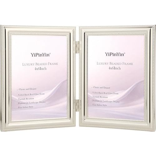 YiPinYin Classic Silver Plated 4x6'' Double Picture Frame,Classic Beaded Metal Design,Real Glass Front and Premium Soft Velvet Backing,with Tabletop and Wall Decor
