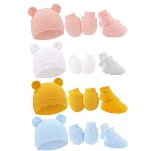 4Pack Newborn Baby Boy Girl Bear Ear Hat and Mitten Footcuff Sets Infant Cotton Beanie Gloves Newborn Hospital Hat 0-6M