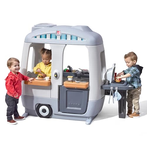 Step2 Adventure Camper Kids Playhouse, Indoor/Outdoor Playset & Kitchenette, Interactive Play with Sounds, Includes 52 Piece Toy Accessories, Made of Durable Plastic, For Toddlers 2+ Years Old