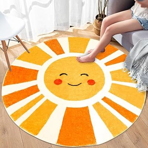 Kids Rug Sun Rug for Boys Girls Bedroom 4Ft Circle Boho Sun Accent Play Mat Round Nursery Mat Machine Washable Bedside Carpet for Children Cartoon Crawling Mat for Playroom Indoor Home Decor