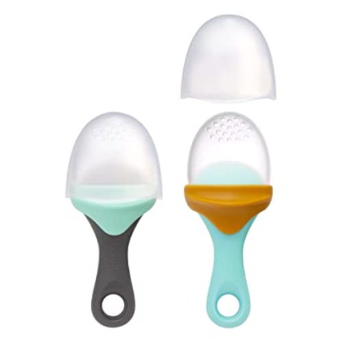 Boon PULP Silicone Baby Feeder — 2 Count — Blue/Mustard and Gray/Mint — Soft Silicone Vegetable and Fruit Feeders — Teething Baby Essentials - 2 Pulp Feeders - Blue/Gray