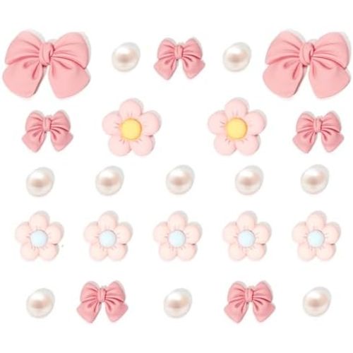 Resin Pink Bow Shoe Charms for Girls, 24Pcs Cute Flower Accessories for Clog Sandals, Pearl Decoration for Women, DIY Party Favor