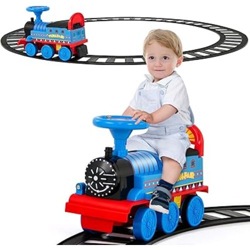 HONEY JOY Ride On Train with Tracks, 6V Battery Powered Electric Ride On Toy for Kids, 16 PCS Tracks, Flashing Lights & Music, Storage Seat, Playable Without Tracks, Gift for Boys Girls (Navy Blue)