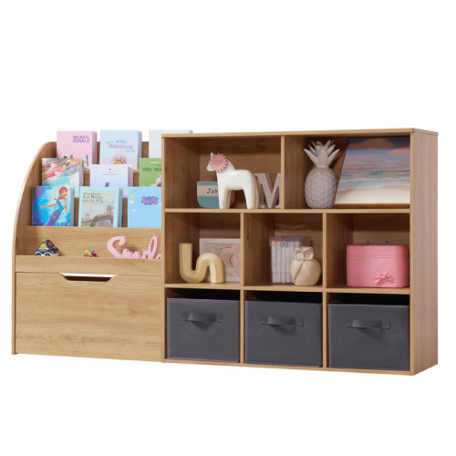 Kids Toy Organizer and Bookshelf, 67" Storage with Drawers and 5 Cubbies, Playroom Reading Nook, Natral Wood | Wayfair