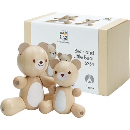 PlanToys® Bear & Little Bear Wooden Rattle & Teether Set | Montessori Sensory Toy for Grasping, Auditory Learning & Motor Skills | Eco-Friendly Infant Educational Toy