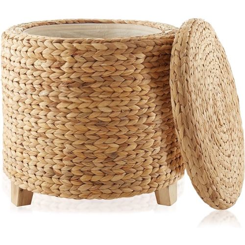 Casafield 17" Round Storage Ottoman with Lid - Natural, Handwoven Water Hyacinth Footstool for Living Room, Bedroom, Bathroom, Home Office