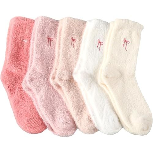 Geyoga 5 Pairs Fuzzy Socks for Women Cozy Spa Slipper Socks Coquette Stuff Soft Fluffy Thick Home Sleeping Mom Birthday Gift