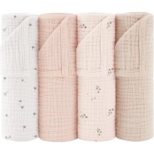 Susurration Muslin Burp Cloths 24x24 Inches Ultra Soft 100% Cotton, 4 or 7 Pack Baby Washcloths for Newborn, Absorbent Burp Rags & Swaddle Blankets