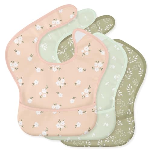3 Pack Waterproof Baby Bibs for Eating, Mess Proof Feeding Bib | Lightweight & Wipeable Toddler Food Bibs, Large Catch-All Pocket, Food-Grade Baby Eating Essentials Gifts, Green Bloom