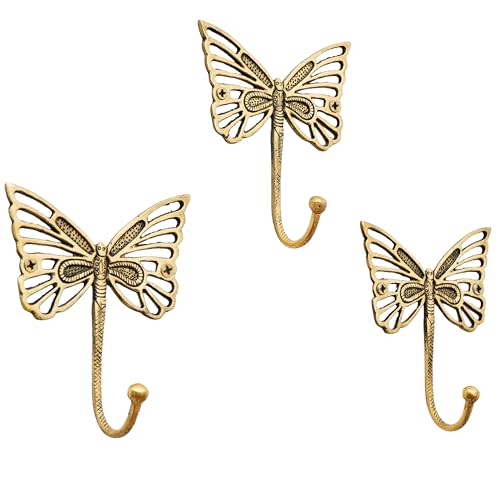 Solid Brass Butterfly Wall Hooks - Vintage Gold Decorative Hooks for Coats, Backpacks- Cute Heavy Duty Hangers for Kids Room, Entryway, Kitchen, Mudroom - Pack of 3