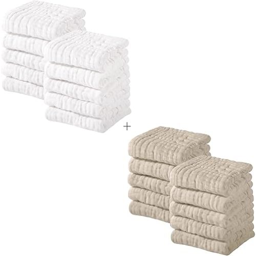 Yoofoss Muslin Baby Washcloths 100% Cotton Face Towels 20 Pack Wash Cloths for Baby 12x12in Soft and Absorbent Baby Wipes (White & Apricot)