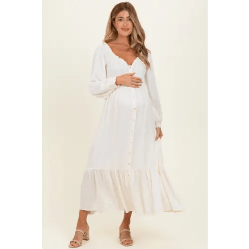 Large - White Off Shoulder Button Accent Maternity Maxi Dress
